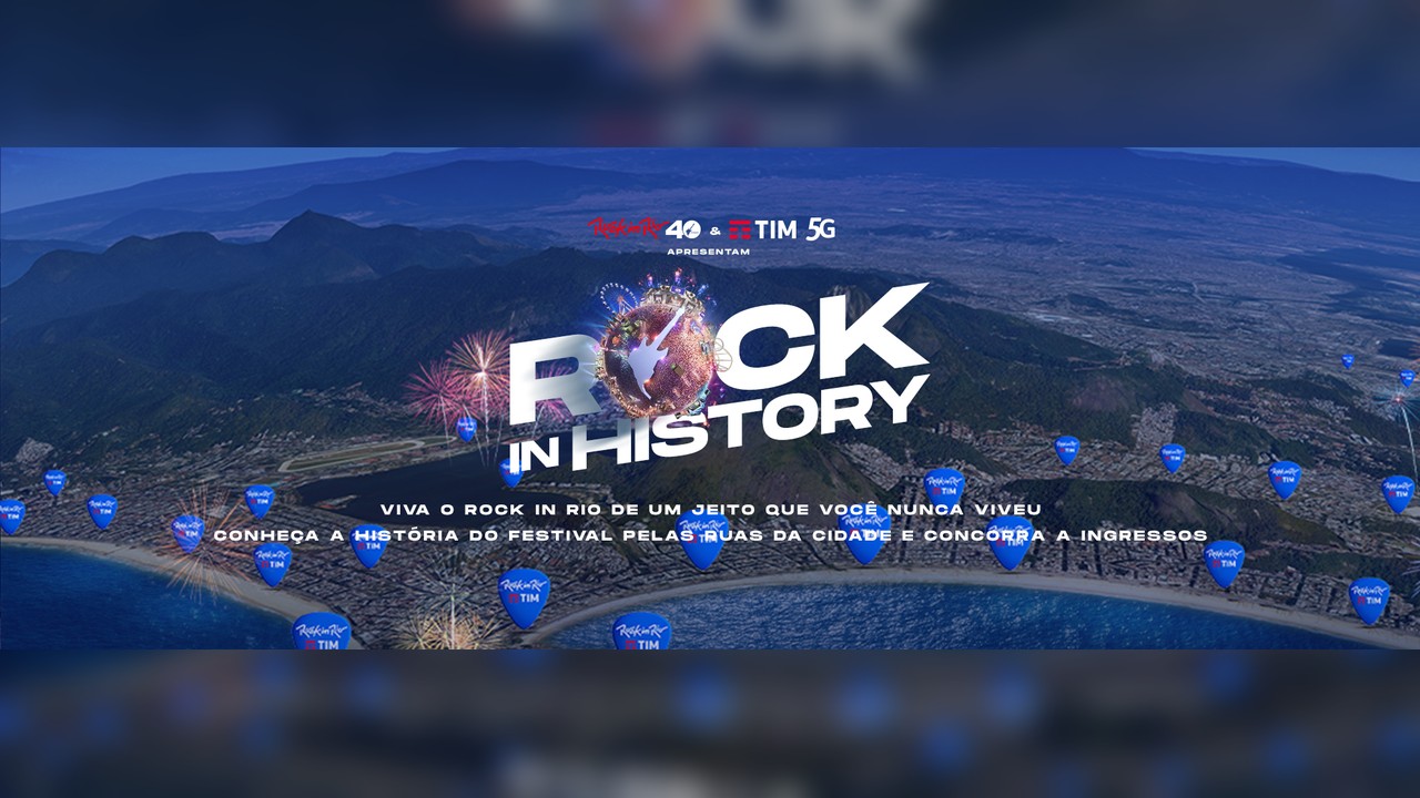 Campaign key visual: the Rock in History logo over an aerial view of Rio, with Rock in Rio & TIM guitar picks marking spots around the city; 'Rock in Rio 40 & TIM 5G apresentam'